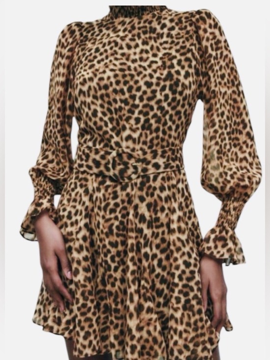 Zara Dresses & Skirts - ZARA Leopard Animal Print Peasant Mini Dress Bishop Sleeves Belted Size  NWT